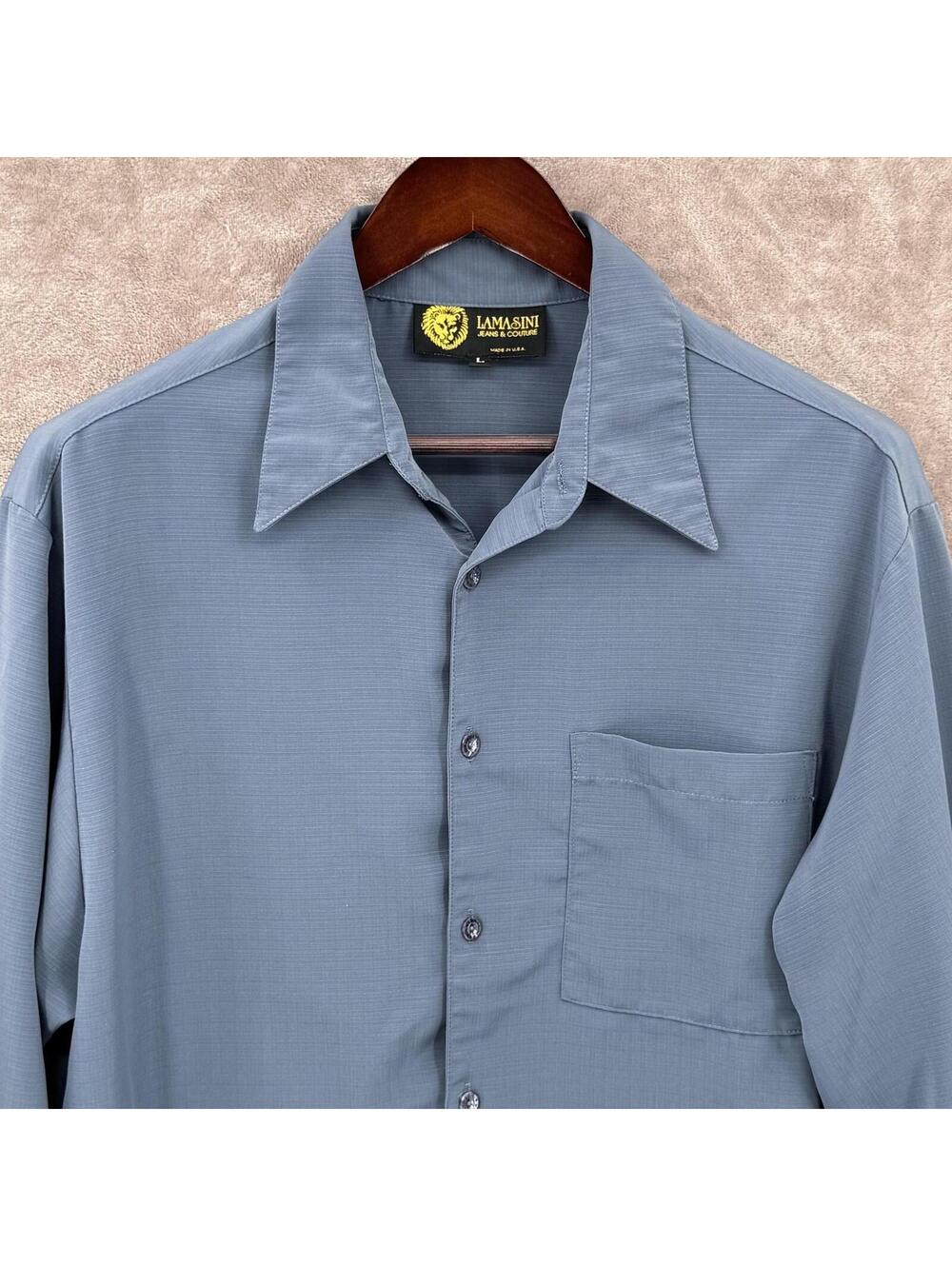 Lamasini Shirt Mens Large Blue Solid Microfiber Long Sleeve Button Front Casual